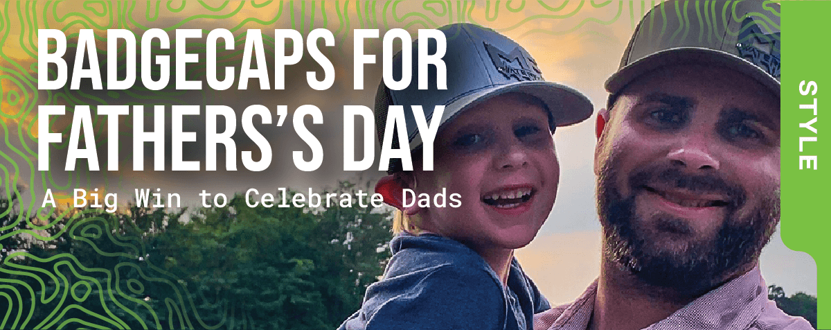 Featured Image the Reads: BadgeCaps for Father's Day: A Big Win to Celebrate Dads. Father's day giveaway father and son wearing badgecaps