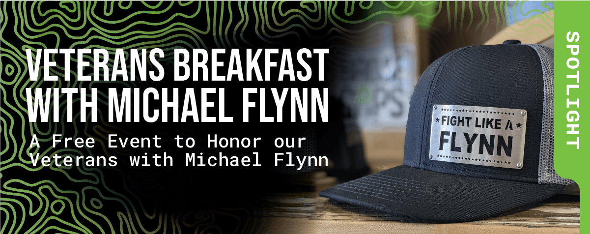 Featured Image: Veteran's breakfast with michael flynn: A Free Event to Honor our Veterans with Michael Flynn. close up of fight like a flynn badgecap
