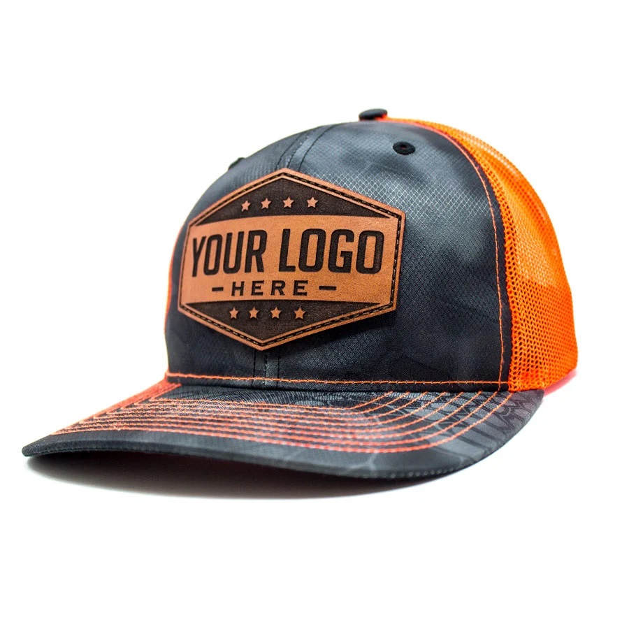Example Leather Patch that reads "Your Logo Here" laser engraved hat badge