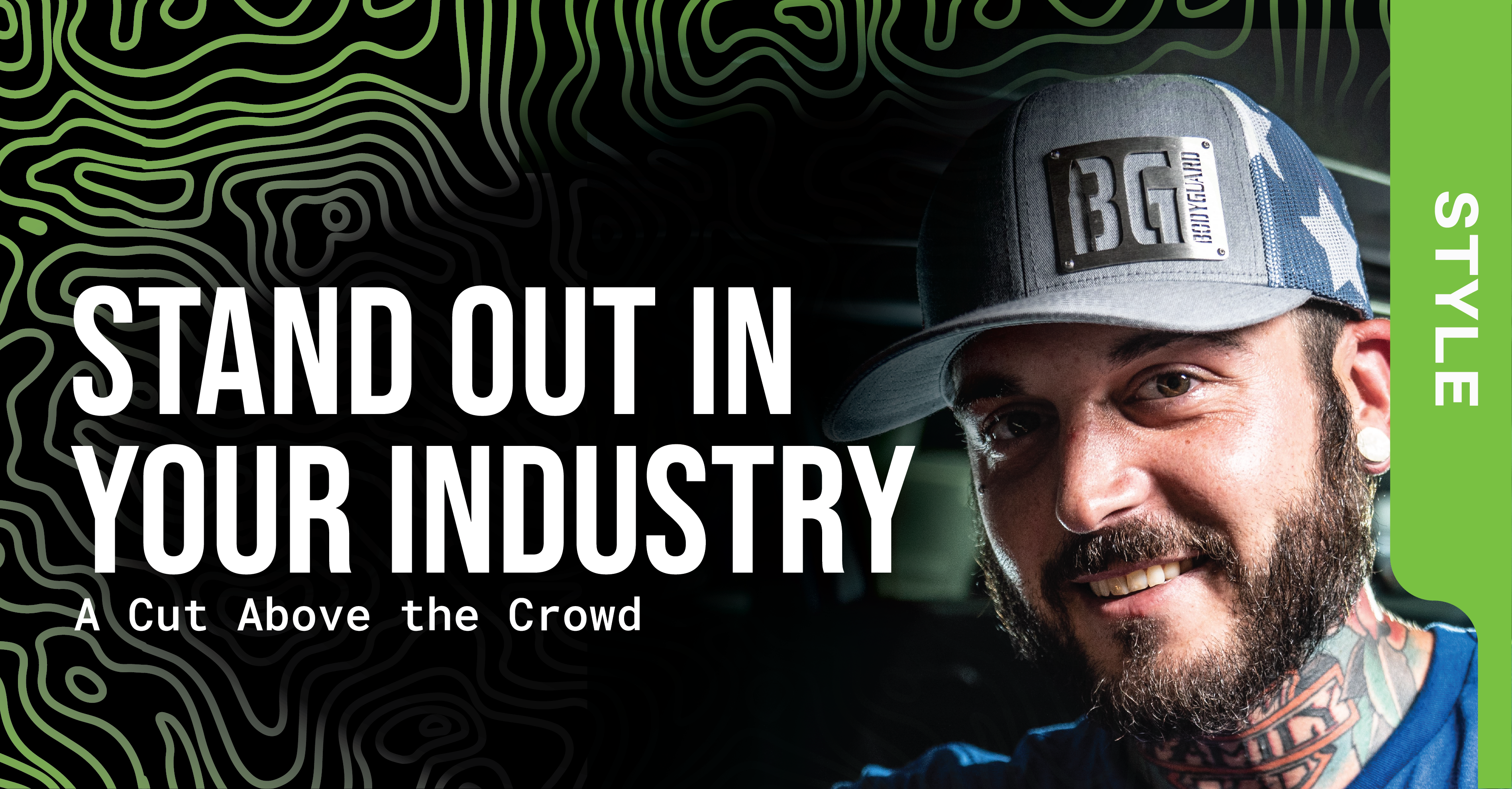Featured Image that reads: Stand Out in Your Industry: A Cut Above the Crowd. Photo of Bodyguard Bumpers Employee wearing a BadgeCaps metal badge hat with laser cut stainless steel badge on Richardson flat bill snapback featuring the business logo