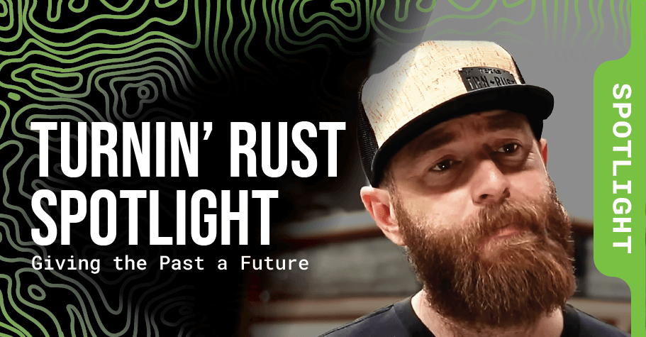 Featured Image that reads: Turnin' Rust Spotlight: Giving the Past a Future. Photo Lance Bush of Kravened Kustoms, Turnin' Rust, and Restored YouTube channels wearing a BadgeCaps metal badge hat with laser cut stainless steel badge on Richardson flat bill snapback